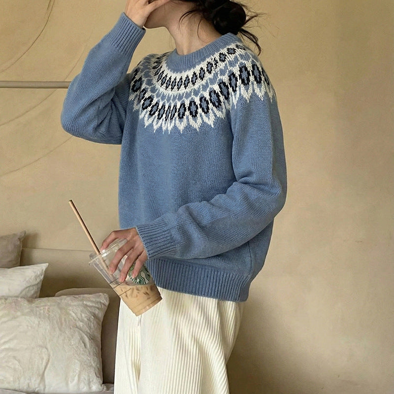 Damen Rundhals-Pullover mit Jacquard-Yoke und Relaxed-Fit Nord Taschen