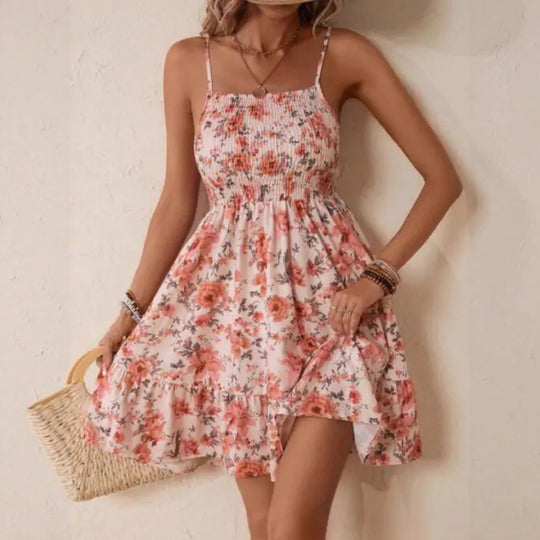 Damen Floral Sommerkleid mit schwingendem Rock und Spaghetti-Trägern Nord Taschen