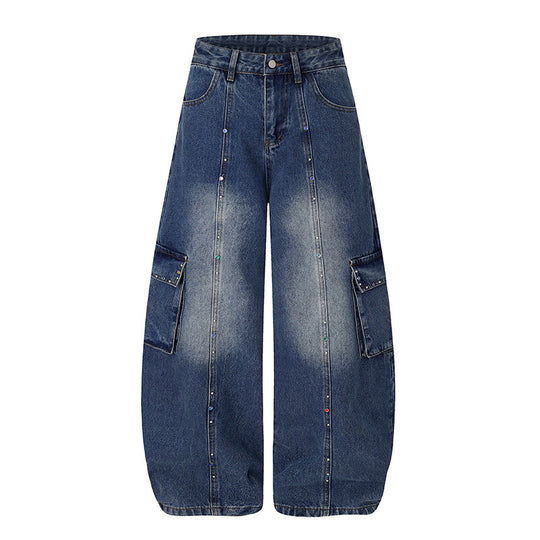 Damen Extraweite Cargo‑Palazzo‑Jeans mit hoher Taille, aufgesetzten Taschen und Strassbesatz Nord Taschen