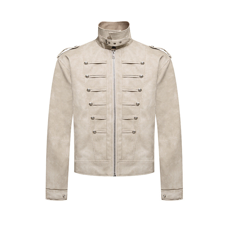 Herren Kurzjacke im Military-Marching‑Look aus Velourslederimitat mit Stehkragen & Zierknöpfen Nord Taschen