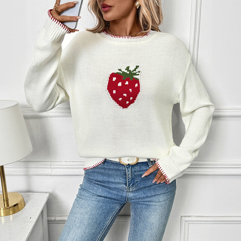 Damen Lässiger Boxy-Strickpullover mit Erdbeer‑Intarsie, geripptem Saum und Rundhalsausschnitt Nord Taschen