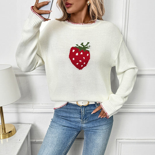 Damen Lässiger Boxy-Strickpullover mit Erdbeer‑Intarsie, geripptem Saum und Rundhalsausschnitt Nord Taschen