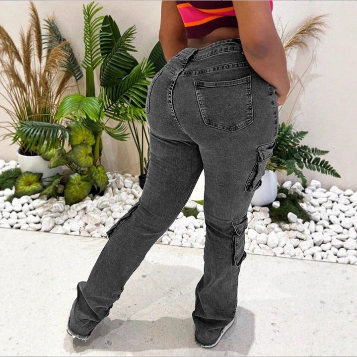 Damen Hochgeschnittene Cargo-Jeans mit mehreren Pattentaschen und ausgefranstem Saum Nord Taschen