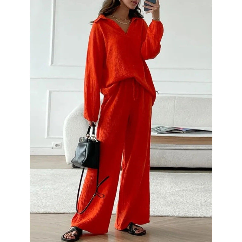 Damen Leichtes Crinkle-Lounge-Set mit V-Ausschnitt und weiter High-Waist-Hose Nord Taschen