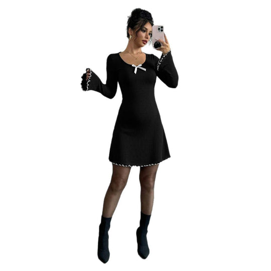 Damen geripptes Minikleid mit Trompetenärmeln, Zierschleife am Dekolleté und welligem Saum Nord Taschen