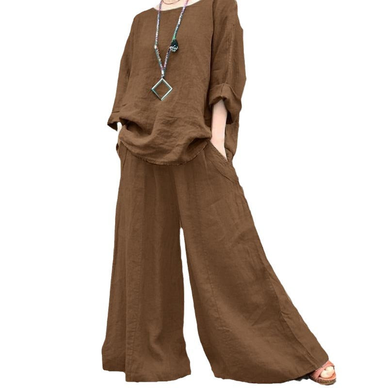 Damen Luftiges Leinen-Lounge-Set mit kastiger Tunika und extra weitem Palazzo-Hosenbein Nord Taschen