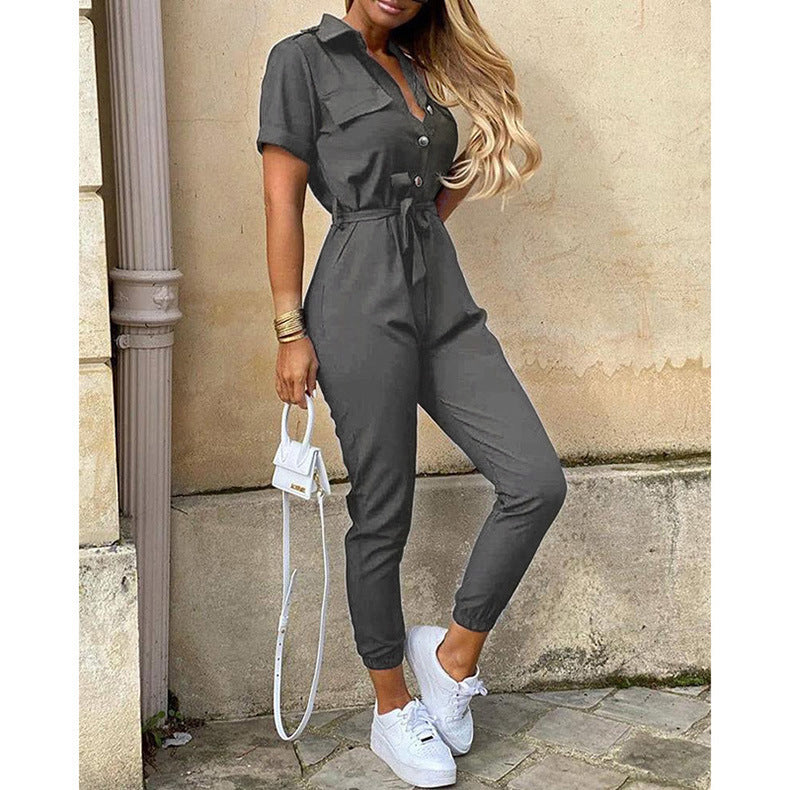 Damen Kurzarm-Utility-Overall mit Taillenbindegürtel und schmalem Joggerbein Nord Taschen