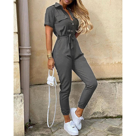 Damen Kurzarm-Utility-Overall mit Taillenbindegürtel und schmalem Joggerbein Nord Taschen