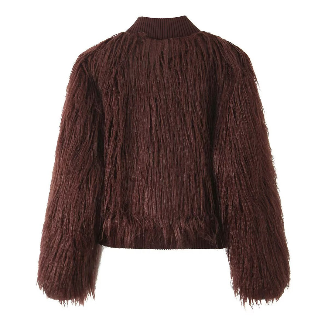 Damen Kurz geschnittene Shaggy-Faux-Fur-Strickjacke mit Rippkragen und Knopfleiste Nord Taschen