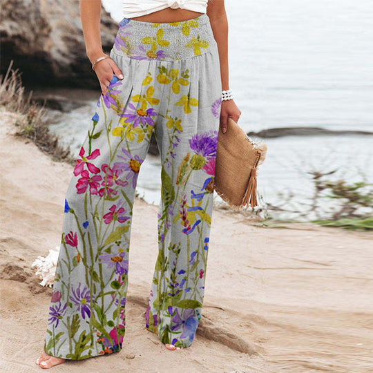 Damen weite Floral-Hose mit elastischem Bund und seitlichen Taschen