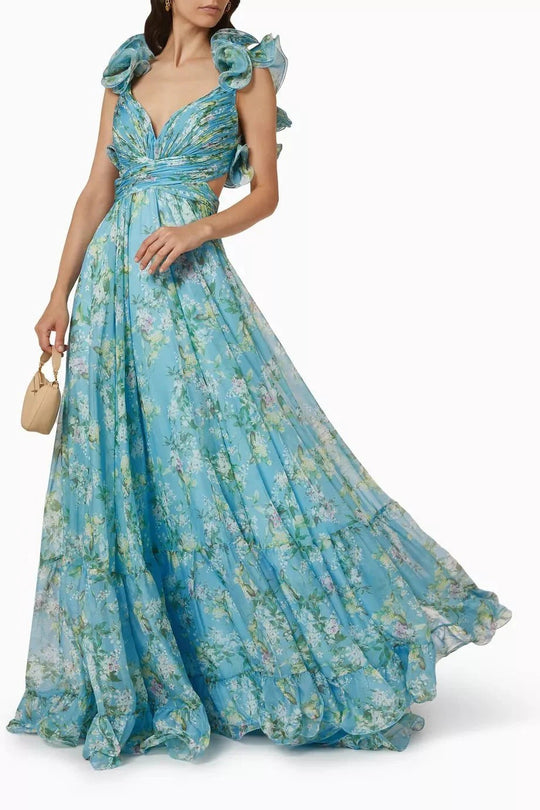 Damen Maxi-Kleid mit floralen Rüschen und schwingendem Design - Arvani