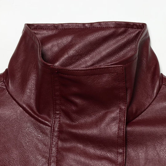 Damen Taillierte Kunstlederjacke mit hohem Stehkragen und Bindegürtel Nord Taschen