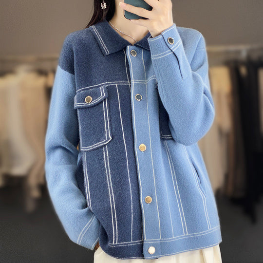 Damen Oversize-Strickjacke im Jeansjacken‑Look mit kontrastierenden Nahtdetails und Brusttasche Nord Taschen