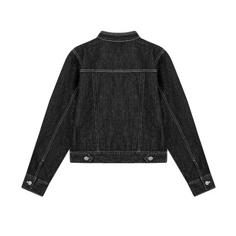 Damen Taillierte Jeansjacke mit Stehkragen, Ziernähten und Metallknopfverschluss Nord Taschen