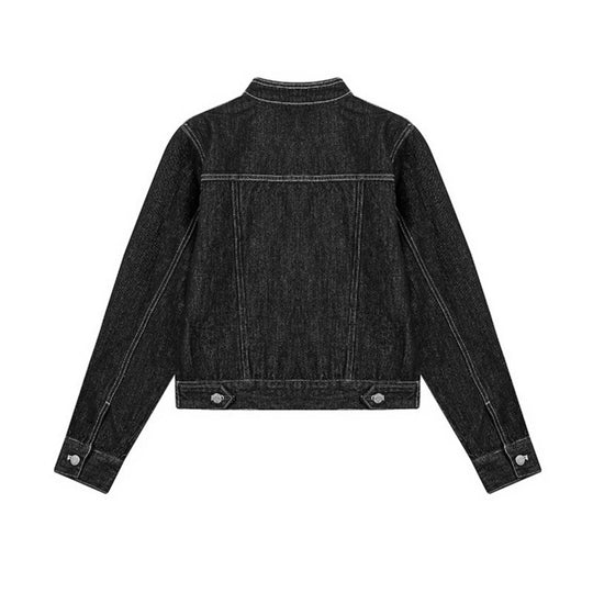 Damen Taillierte Jeansjacke mit Stehkragen, Ziernähten und Metallknopfverschluss Nord Taschen