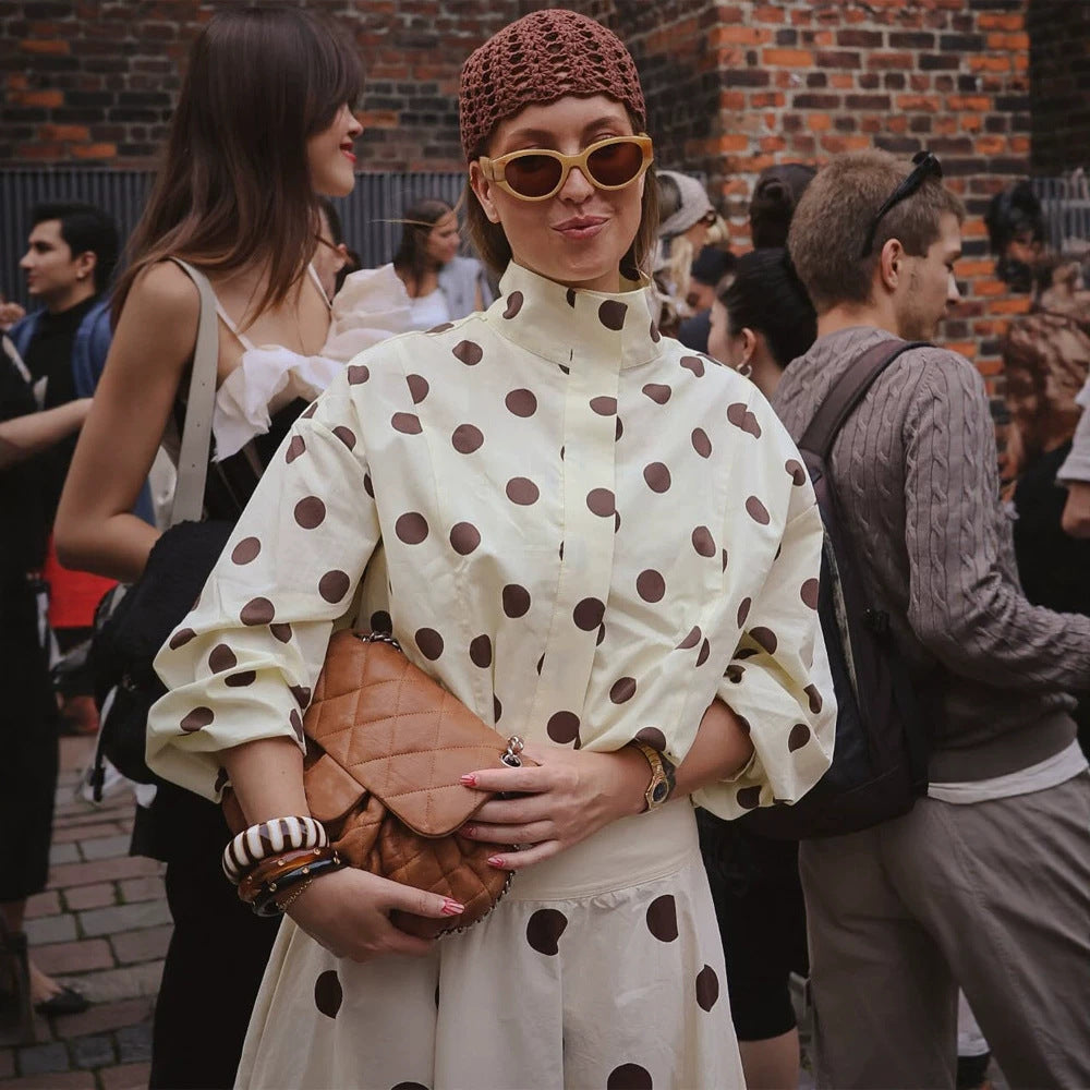 Damen Boxy Hemdjacke mit Stehkragen, Ballonärmeln und großem Polka‑Dot‑Print Nord Taschen