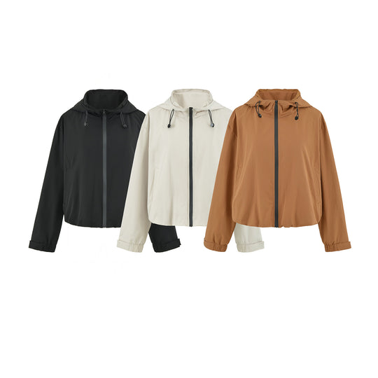 Damen Cropped Übergangsjacke mit Kapuze, Tunnelzug und elastischem Saum Nord Taschen
