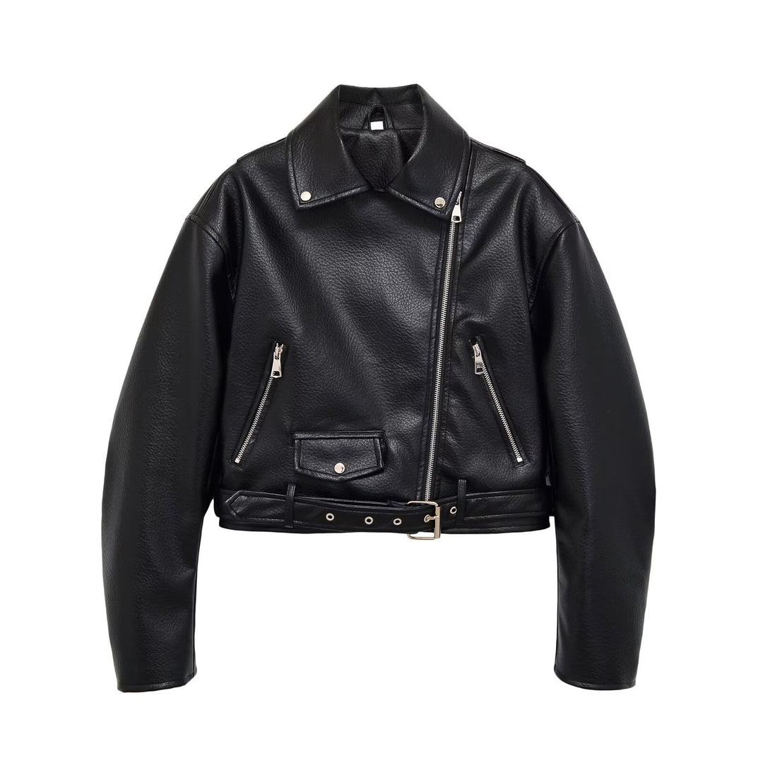 Damen Bikerjacke aus veganem Lederimitat mit asymmetrischem Reißverschluss und Taillengürtel Nord Taschen