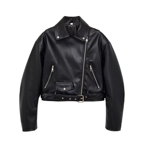 Damen Bikerjacke aus veganem Lederimitat mit asymmetrischem Reißverschluss und Taillengürtel Nord Taschen