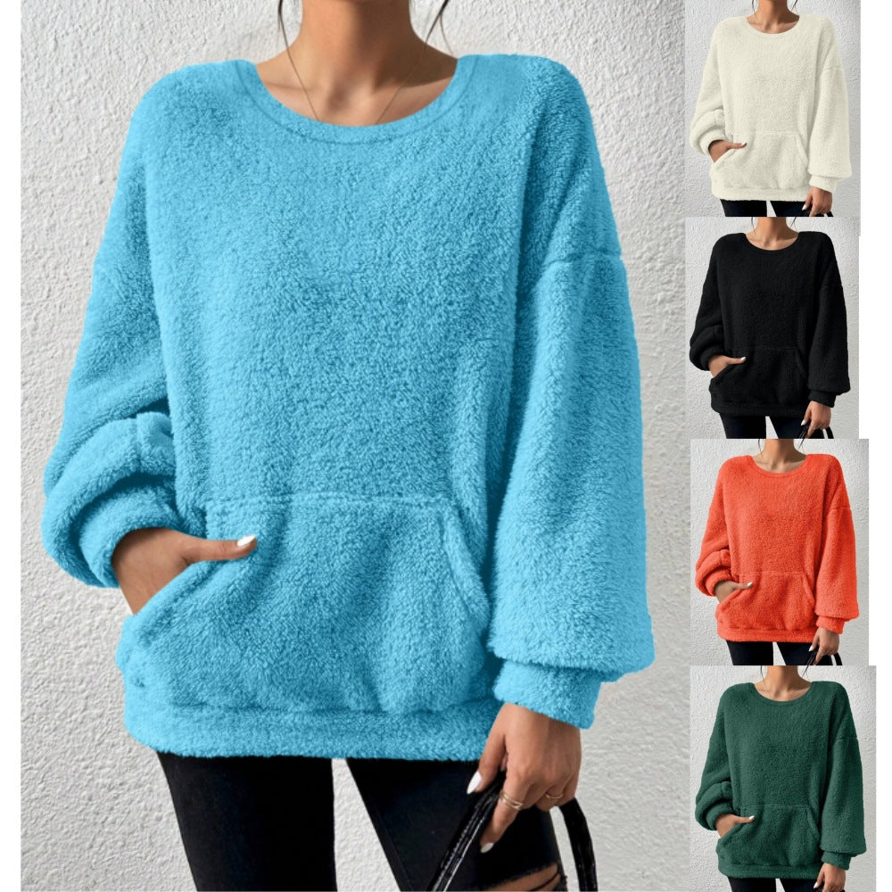 Damen Kuscheliger Oversize-Sherpa-Pullover mit Kängurutasche und Ballonärmeln Nord Taschen