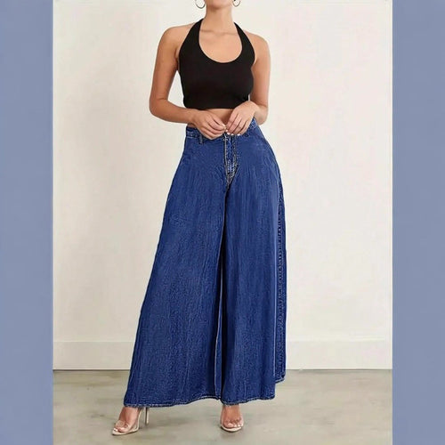 Damen Extraweite High‑Waist Denim‑Palazzohose mit fließendem Tellerfall Nord Taschen