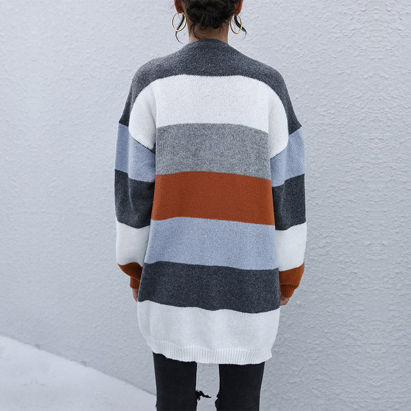 Damen Oversize-Cardigan mit breitem Blockstreifen, offener Front & lässiger Schulter Nord Taschen