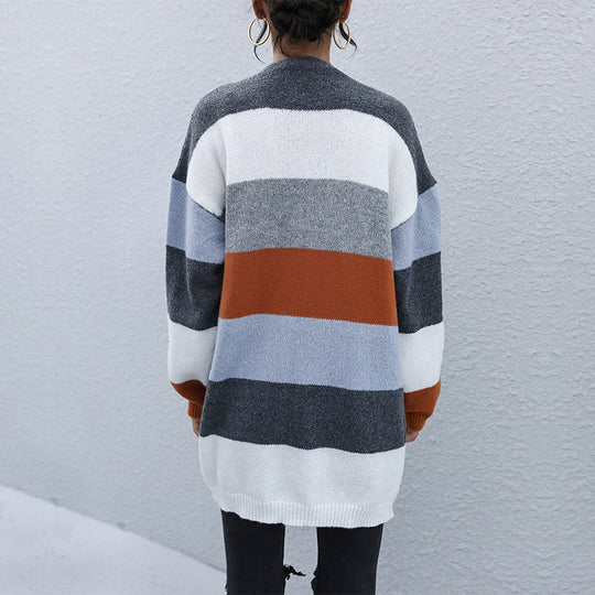 Damen Oversize-Cardigan mit breitem Blockstreifen, offener Front & lässiger Schulter Nord Taschen