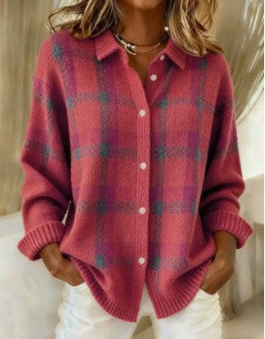 Damen Kariertes Strick-Hemdjacke-Cardigan mit Hemdkragen und gerippten Bündchen Nord Taschen