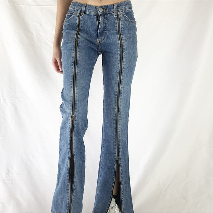 Damen Jeanshose mit durchgehenden Front-Reißverschlüssen, hoher vorderer Beinöffnung und ausgestelltem Schlag Nord Taschen
