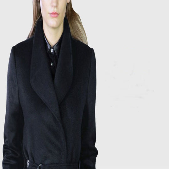 Damen Maxilanger taillierter Wickel-Longcoat mit Schalkragen und feinem Bindegürtel Nord Taschen