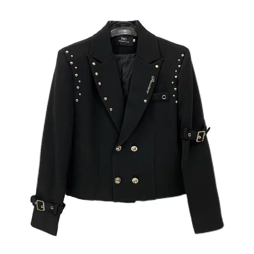 Damen Kurzer Doppelreiher-Blazer mit Nietenbesatz und Schnallenärmeln Nord Taschen