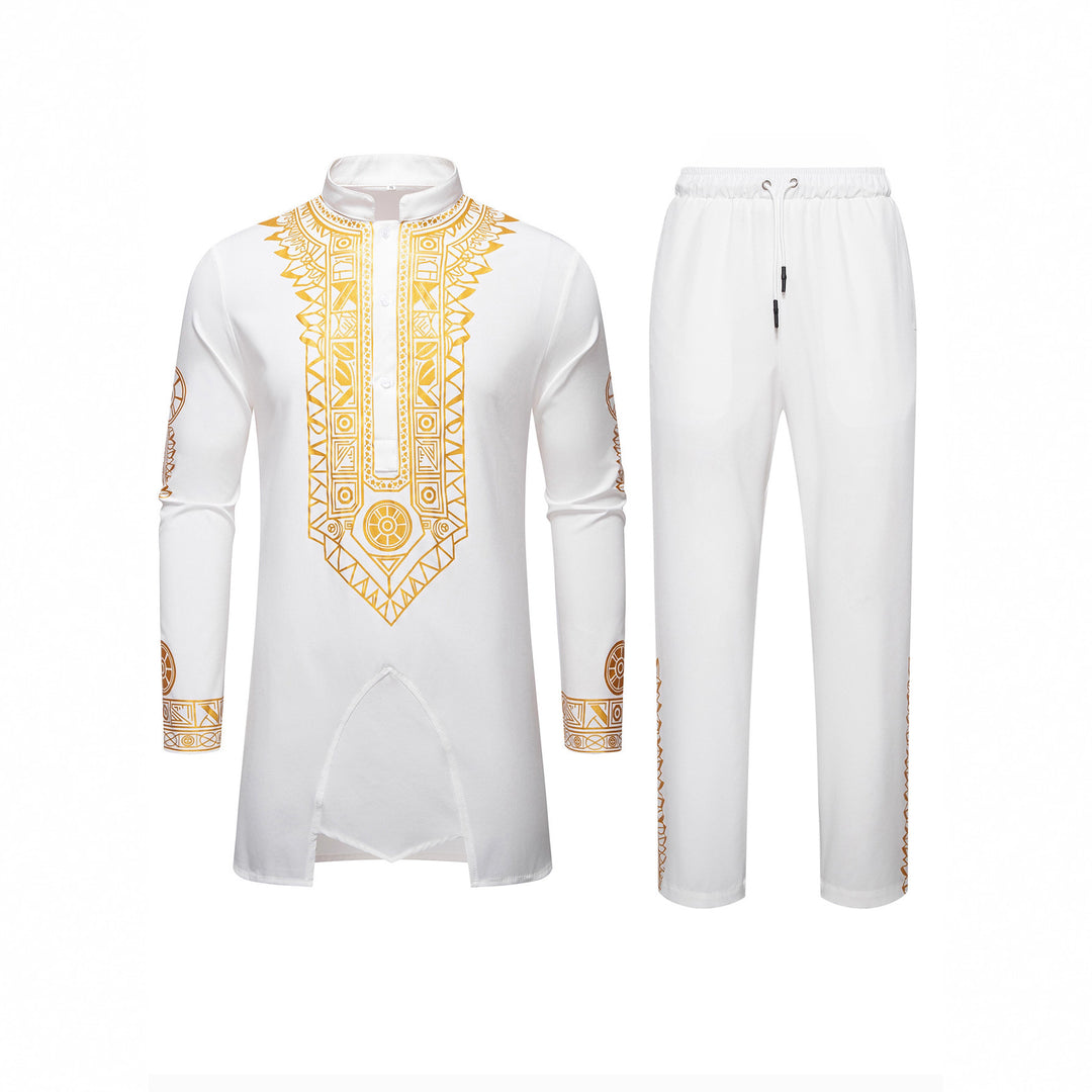 Herren Traditionelles Langarm-Kurta-Set mit Stehkragen, goldfarbenem Ornamentdruck und Tunnelzughose Nord Taschen