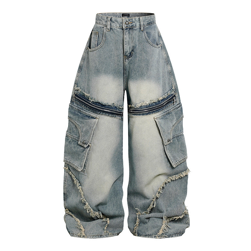 Damen Weite High‑Waist Cargo-Jeans im Baggy-Look mit Distressed-Details und Reißverschluss-Paneel Nord Taschen