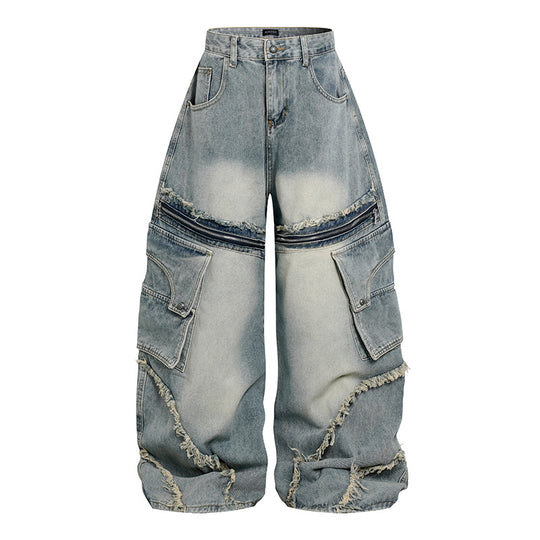 Damen Weite High‑Waist Cargo-Jeans im Baggy-Look mit Distressed-Details und Reißverschluss-Paneel Nord Taschen