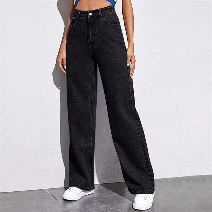 Damen hochgeschnittene weite Denim-Hose mit extra weitem Bein und taillierendem Bund Nord Taschen