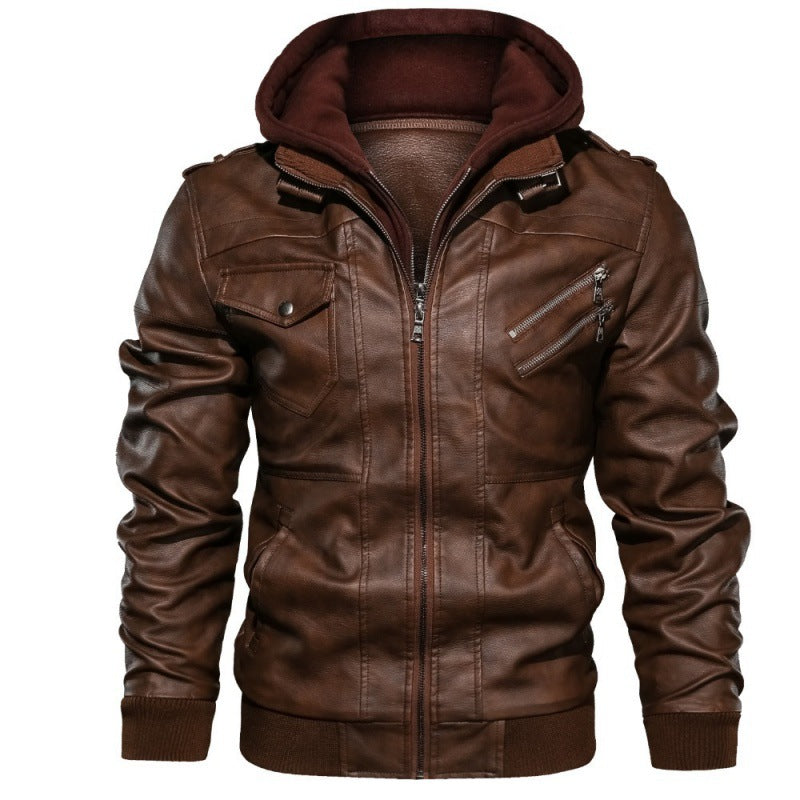 Herren  Lederjacke mit Kapuze, Vintage-Bikerlook und mehreren Reißverschlusstaschen Nord Taschen