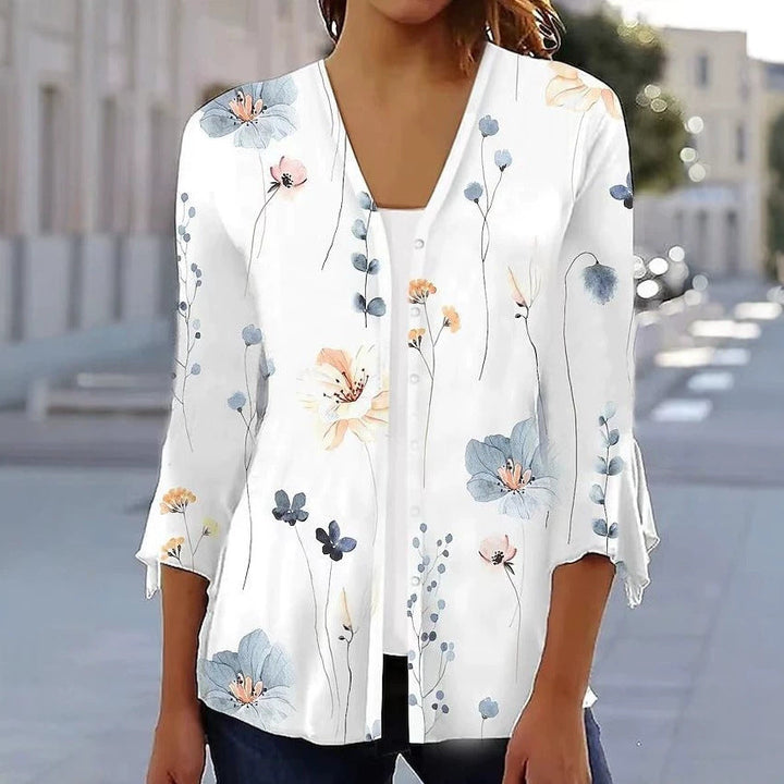 Damen nan leichte Chiffonbluse mit Aquarellblumenprint, V‑Ausschnitt, Knopfleiste und dreiviertelärmeln