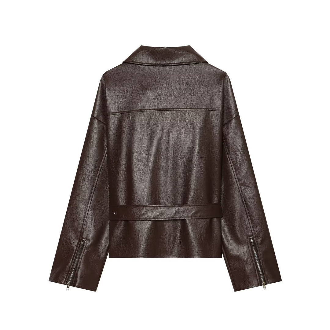 Damen Oversized Bikerjacke aus Kunstleder mit taillierendem Gürtel und asymmetrischem Reißverschluss Nord Taschen