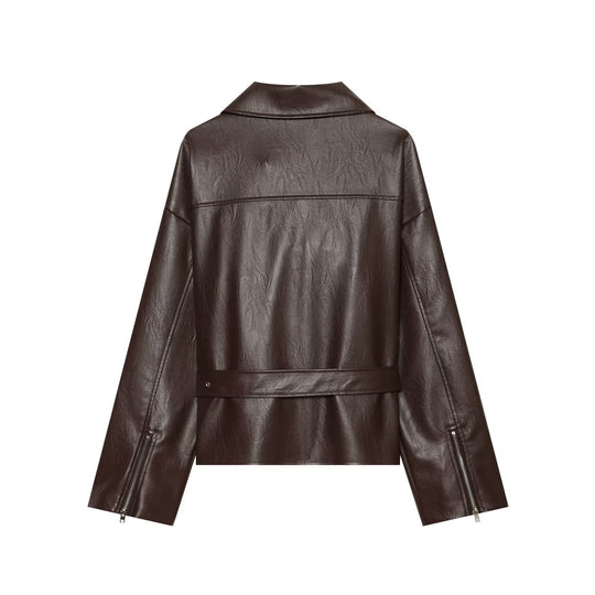 Damen Oversized Bikerjacke aus Kunstleder mit taillierendem Gürtel und asymmetrischem Reißverschluss Nord Taschen