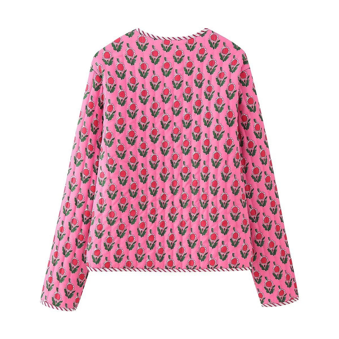 Damen Gepolsterte gesteppte Blusenjacke mit floralem Allover‑Print und Kontrastpaspel Nord Taschen