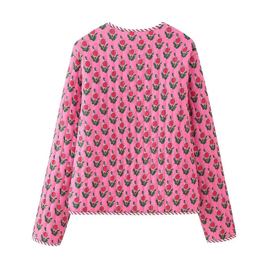 Damen Gepolsterte gesteppte Blusenjacke mit floralem Allover‑Print und Kontrastpaspel Nord Taschen