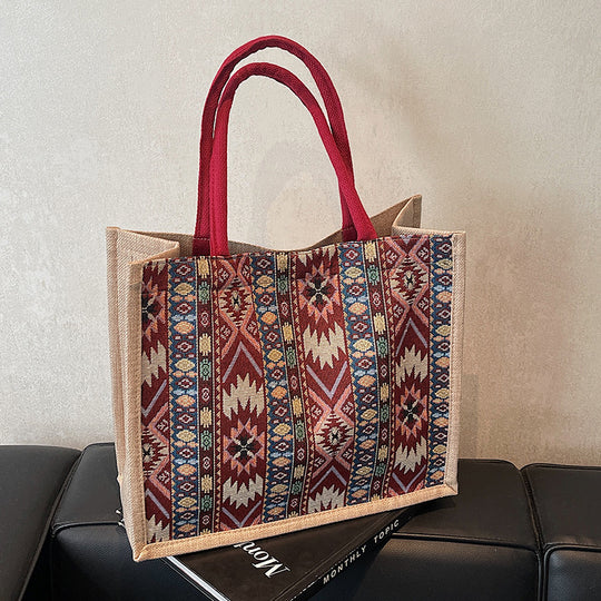 Damen Jute-Tragetasche mit kunstvollem Ethno-Muster Nord Taschen