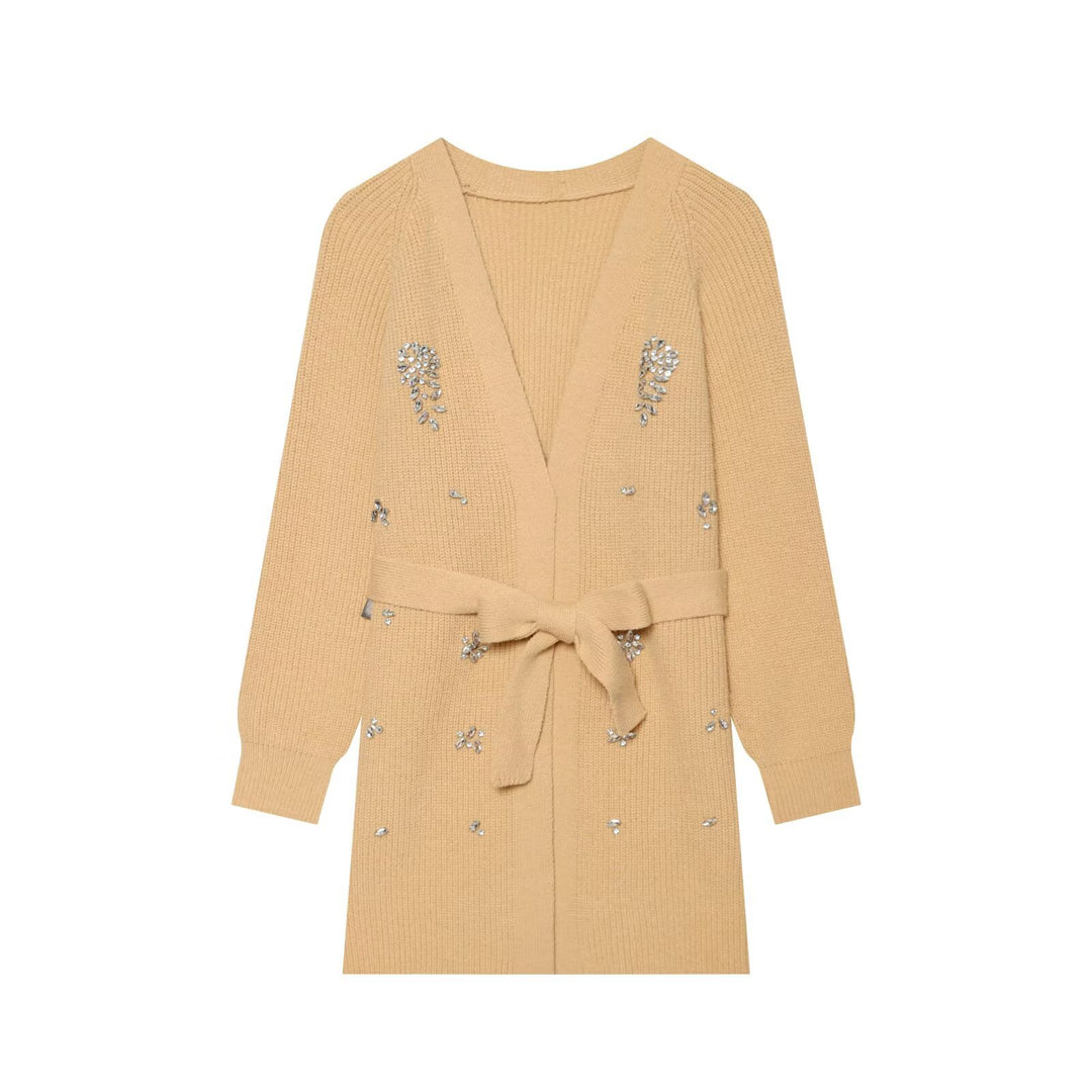 Damen Longcardigan mit Bindegürtel und Schmuckstein‑Applikation Nord Taschen