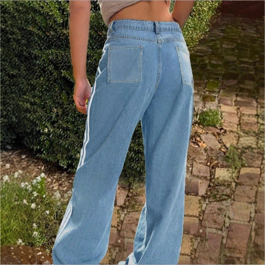 Damen weite High-Waist Denim-Jeans mit seitlichem Kontraststreifen Nord Taschen