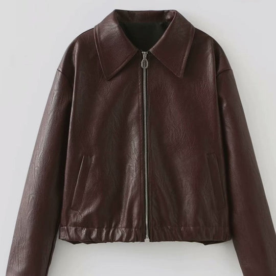 Damen 500+ leichte oversize Kunstleder‑Blousonjacke mit Hemdkragen, Reißverschluss und elastischem Saum Nord Taschen
