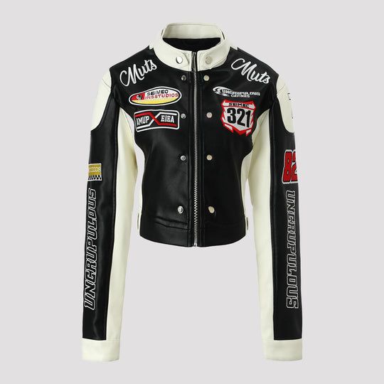 Damen Bikerjacke im Racing-Look mit gestickten Patches und kontrastierenden Ärmeln Nord Taschen