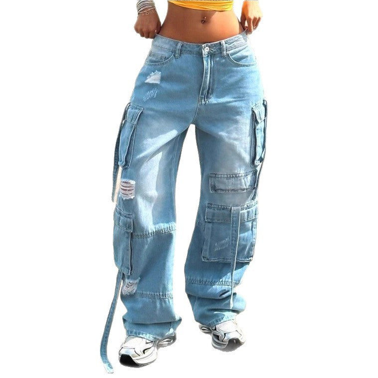 Damen Cargo-Jeanshose im weiten Baggy-Schnitt mit Mehrfach‑Cargotaschen Nord Taschen