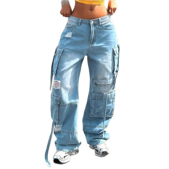 Damen Cargo-Jeanshose im weiten Baggy-Schnitt mit Mehrfach‑Cargotaschen Nord Taschen