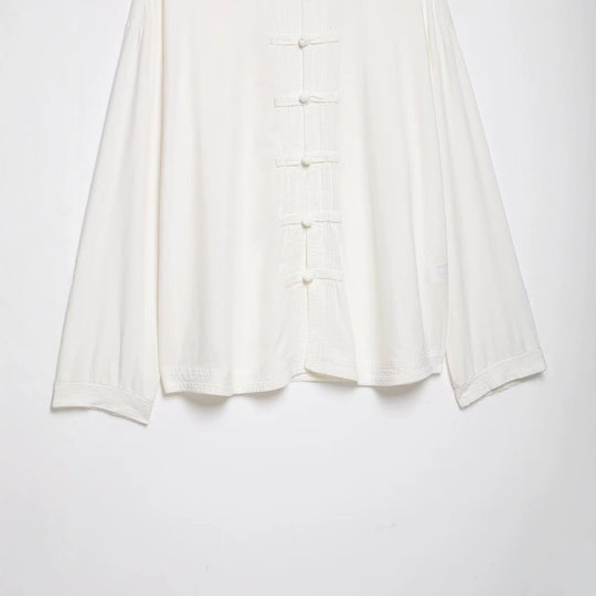 Damen Oversize Tunika‑Bluse im asiatisch inspirierten Stil mit Stehkragen und Zierknotenverschlüssen Nord Taschen