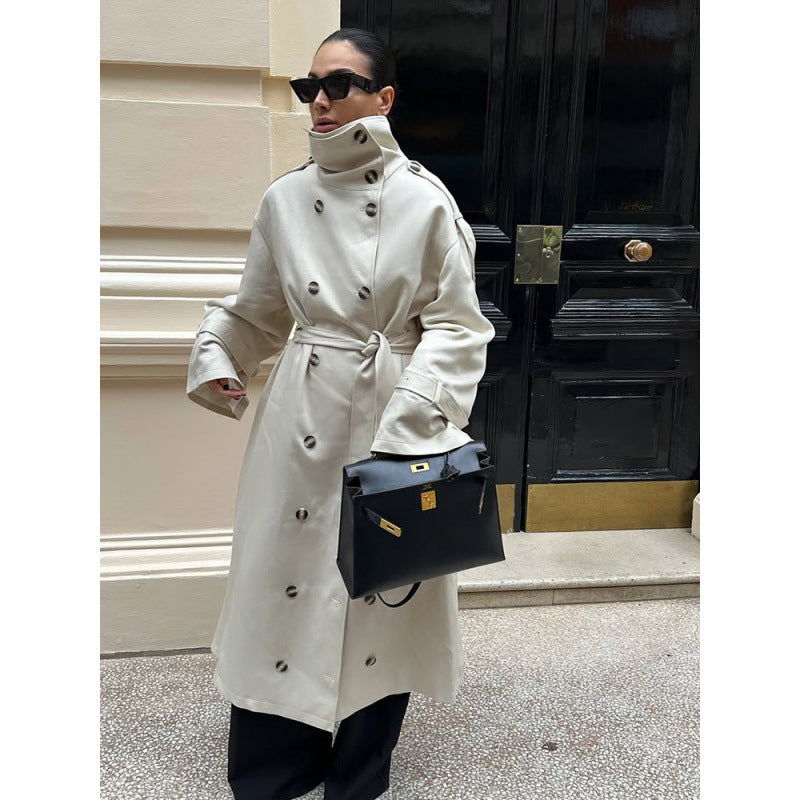 Damen Langer Oversized Trenchcoat mit hohem Stehkragen, Glockenärmeln und Bindegürtel Nord Taschen